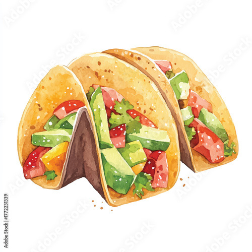 Delicious watercolor tacos with fresh avocado and tomatoes a tasty Mexican food.