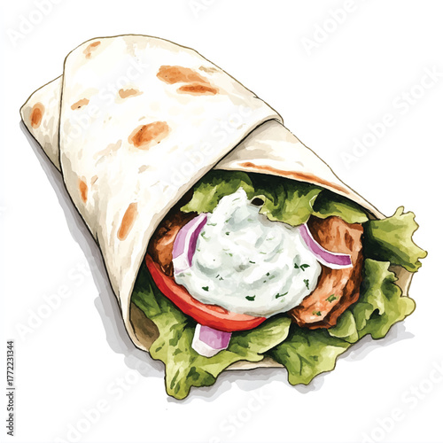 Delicious wrap filled with fresh ingredients and creamy sauce ready to eat.
