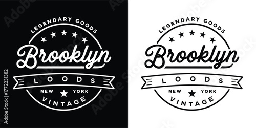 Retro brooklyn goods logo with stars, banner, and text new york vintage, presented in both black and white versions