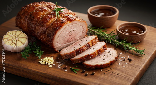 Roast pork cooked on a Kamado grill, succulent and tender. The meat is sliced ​​into thin strips and served on a rustic wooden board with fresh rosemary and thyme, chopped garlic, and a small ceramic 