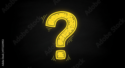 A bright yellow glowing question mark centers on a dark background with neon glow and mystery wonder