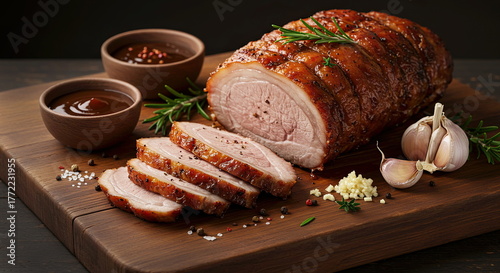 Roast pork cooked on a Kamado grill, succulent and tender. The meat is sliced ​​into thin strips and served on a rustic wooden board with fresh rosemary and thyme, chopped garlic, and a small ceramic 