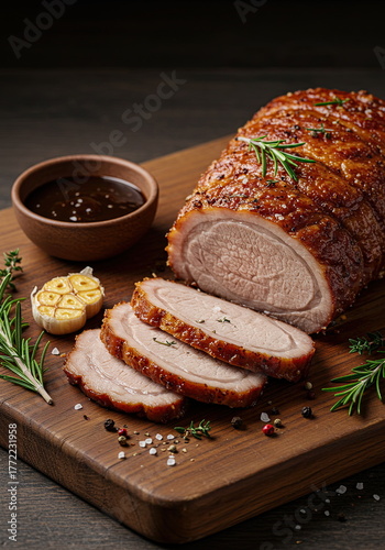 Roast pork cooked on a Kamado grill, succulent and tender. The meat is sliced ​​into thin strips and served on a rustic wooden board with fresh rosemary and thyme, chopped garlic, and a small ceramic 