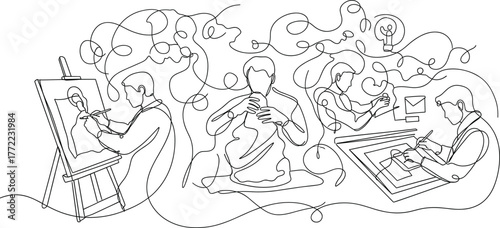 Creative expression illustration—painting, sculpting, digital ideation, technical drawing with abstract flow, artistic diversity theme, black-and-white line art vector