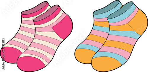PrintColorful ankle socks vector illustration, striped short socks design template, cute cotton footwear for women, fashion accessories flat sketch
