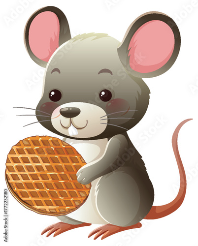Cute Cartoon Mouse Holding a Waffle Snack