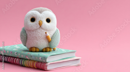 Cute owl figurine on stacked notebooks against a pink background.