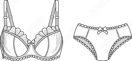PrintBeautiful lace lingerie set illustration, detailed bra and panty design, feminine fashion underwear vector drawing, elegant intimate apparel outline art
