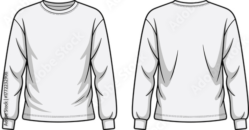 PrintBasic plain long sleeve sweatshirt front and back view, unisex casual pullover, minimal fashion flat sketch, comfortable clothing design illustration