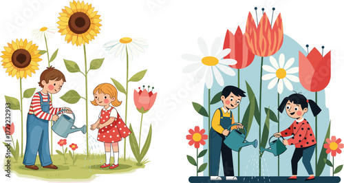 Children watering flowers in garden, teamwork, sunflowers, tulips, daisies, cartoon style, nature care, outdoor activity, growth, nurturing plants, colorful illustration, fun