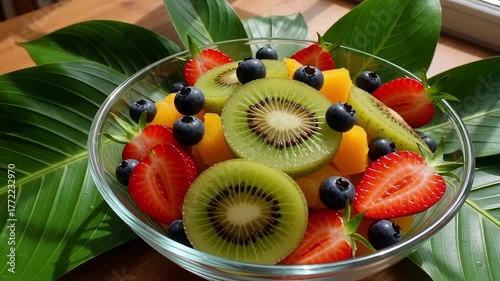 Refreshing fruit salad with kiwi, strawberries, and blueberries glistening in sunlight on wooden table with lush green leaves accenting the vibrant colors