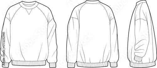 PrintBlank oversized sweatshirt technical flat sketch, front back side view illustration, crew neck sweater fashion design template, unisex apparel mockup, clothing outline