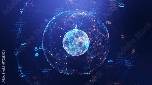 Futuristic AI sphere made of glowing cyber network connections, symbolizing data intelligence, innovation, and technology. Perfect for AI, big data, and digital transformation themes.