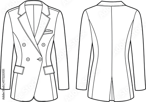PrintDouble breasted blazer jacket front and back view, formal suit design template, stylish tailored coat fashion flat sketch illustration
