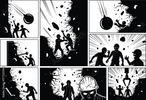 Comic-style wrecking ball scene, black and white vector illustration, dramatic action sequence, construction site, destruction, escape moment, silhouette figures, tension