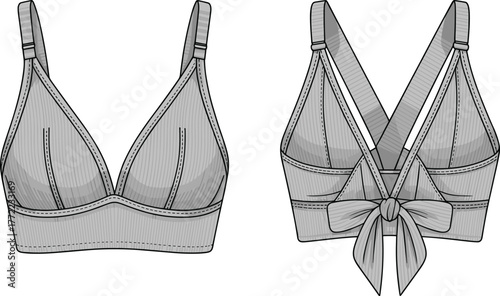 PrintElegant gray bralette design illustration, stylish front and back view, bow detail lingerie fashion, modern underwear vector, feminine intimate apparel drawing