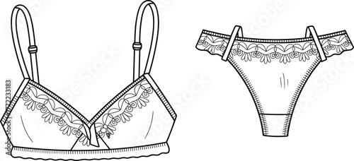 PrintElegant lace lingerie set illustration, stylish bra and panty design, fashion underwear sketch, feminine intimate apparel outline, vector drawing art