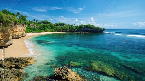 Idyllic tropical beach with pristine turquoise ocean, golden sand, and lush green cliffs under a clear blue sky, perfect for a serene holiday escape and scenic travel destination