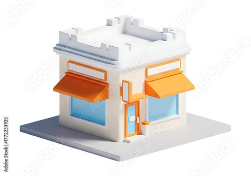 3d icon of small shop building isolated on transparent background, store front with awning