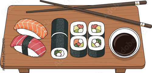 Delicious sushi platter with nigiri rolls and soy sauce on a wooden serving board