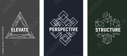 Abstract motivational poster triptych—“ELEVATE,” “PERSPECTIVE,” “STRUCTURE”—triangle, square, polygonal forms, geometric symbolism, bold typography, growth and clarity theme, modern design series 