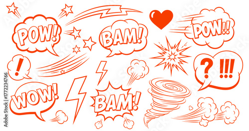 red comic action text and symbol set