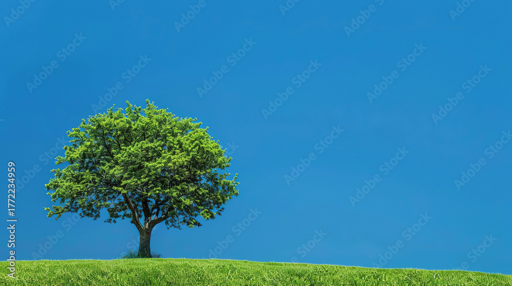 Obraz premium Beautiful landscape wallpaper of a green tree on the grass with a solid blue background