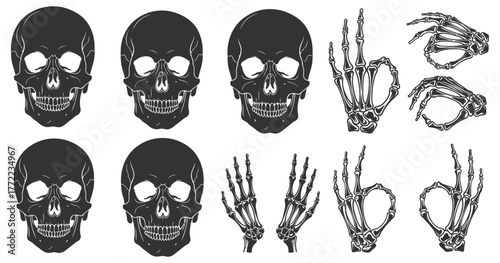 skull and skeletal hand icon grid