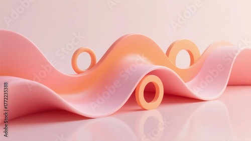 Dreamy abstract still life showcases flowing waves and donut shapes in soft pastel gradients.