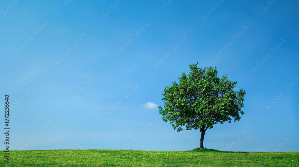 Fototapeta premium Beautiful landscape wallpaper of a green tree on the grass with a solid blue background