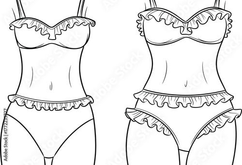 PrintElegant ruffle bikini fashion sketch, stylish two piece swimwear design on female body, summer beachwear illustration, lingerie template, vector outline drawing