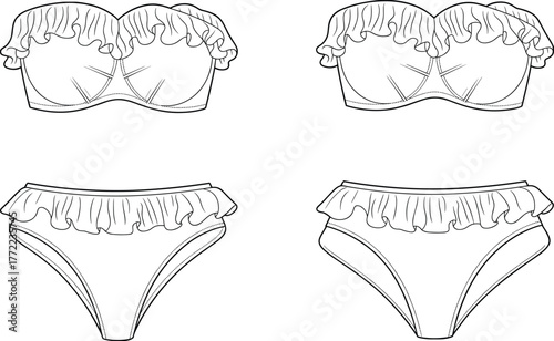 PrintElegant ruffle bikini swimsuit design, stylish frilled swimwear fashion template, summer beachwear illustration, trendy female two piece bathing suit sketch, vector outline