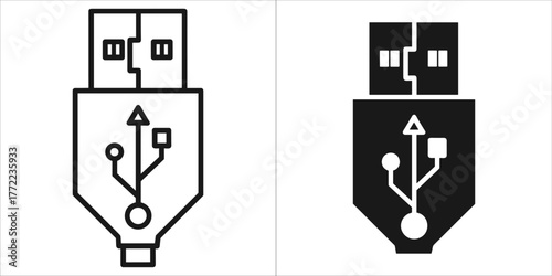Two usb connector icons, one in black outline and one in solid black