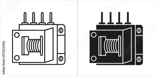 Two transformer icons, one in black outline and one in solid black