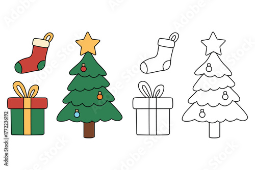 Christmas Socks Coloring Page. Christmas Tree Coloring Page. Gift box Coloring Page. Trace and Color Christmas Socks, Christmas Tree and Gift box. Printable Christmas Coloring Pages for Kids. 