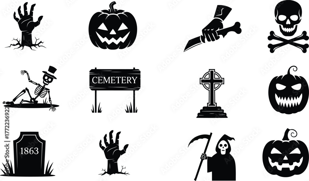 Naklejka premium Collection of spooky halloween icons and symbols in black silhouette