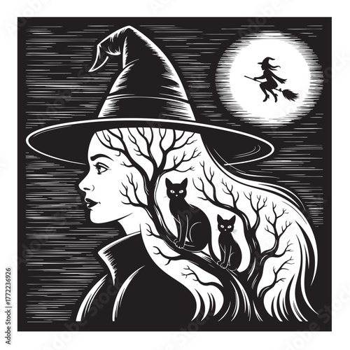 Black and white illustration of a witch with cats in her hair flying on a broomstick halloween