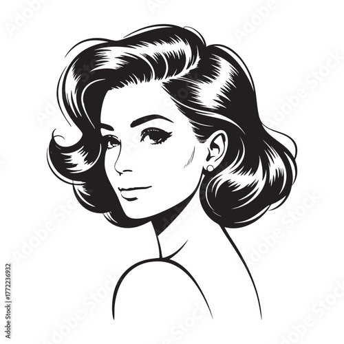 Black and white illustration of a woman with bouffant hairstyle and pearl earring female