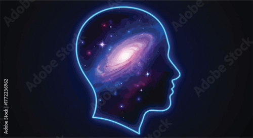 Human head outline filled with galaxy representing mind and cosmic connection