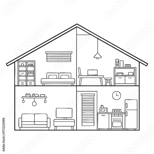 Black and white line art cross section of a house interior drawing