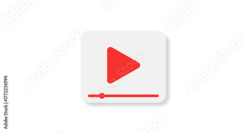 A red play button with a progress bar on a white rounded square, casting a shadow.