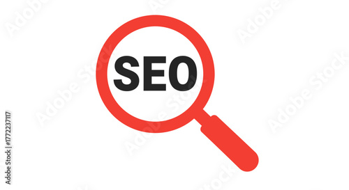 A red magnifying glass focuses on the letters SEO, representing Search Engine Optimization.
