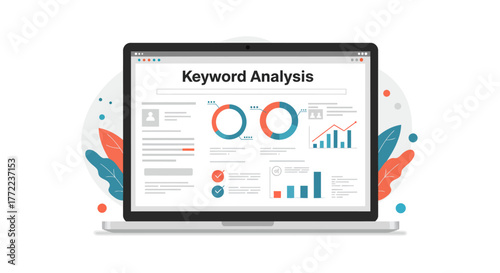 Laptop displaying keyword analysis data with charts and graphs on screen.