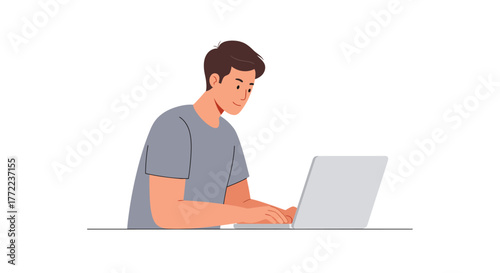 Illustration of a man using a laptop, focused on the screen, typing on the keyboard.