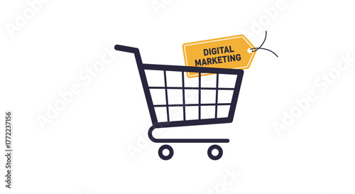 Shopping cart with a tag labeled digital marketing.