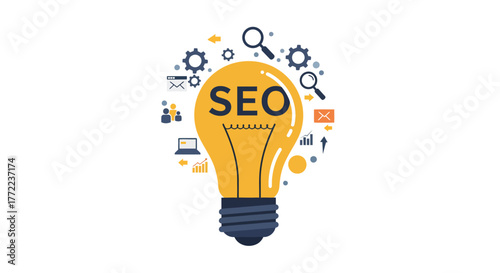 Illustration of a light bulb with the word SEO inside, surrounded by gears and magnifying glasses.