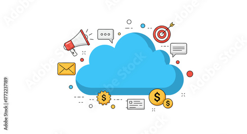 Cloud marketing concept with megaphone, target, email, and money icons.