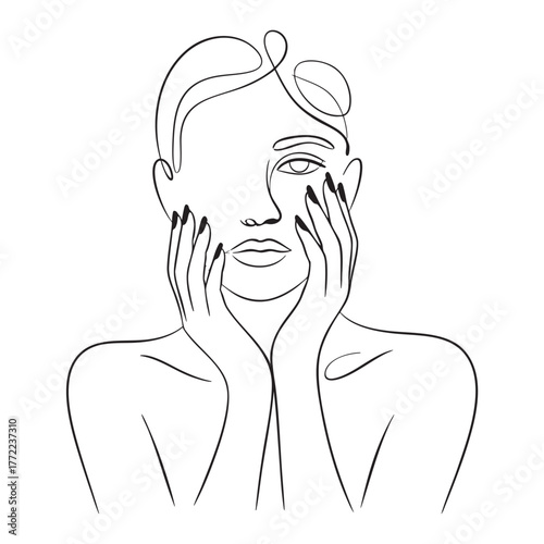 Minimalist black line art drawing of a woman's face and hands vector
