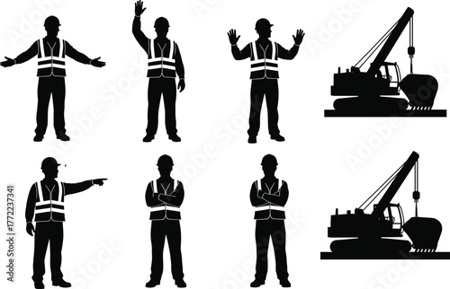 Construction worker silhouette set directing crane operation, engineer supervising heavy equipment, industrial safety management scene, teamwork coordination vector illustration for building site 