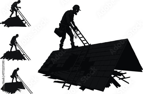 Construction worker, ladder climb, roofing job, silhouette style, safety gear, toolbox, house structure, black and white, roof repair, occupational scene
